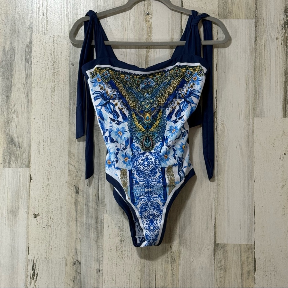 Reversible Adjustable Tie Straps Blue White Patterned One-Piece Swimsuit